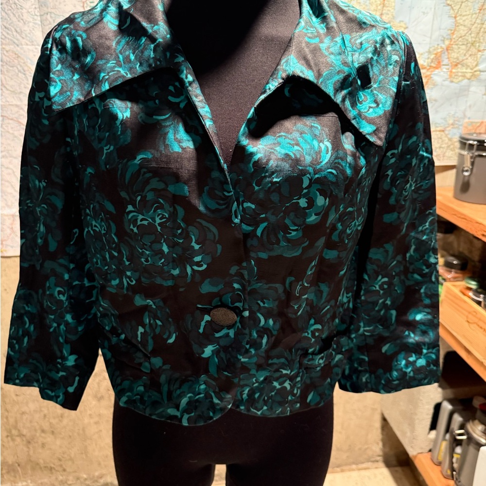 Chic Black and Teal Floral Vintage Silk Blazer